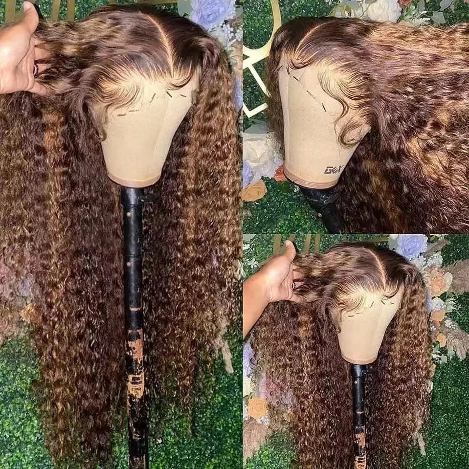 18 Inches / Color 3 13x4 Highlight Curly Human Hair Wigs Glueless Honey Blonde Transparent HD Lace Front Wigs Double Drawn Brazilian Hair Wigs 150%