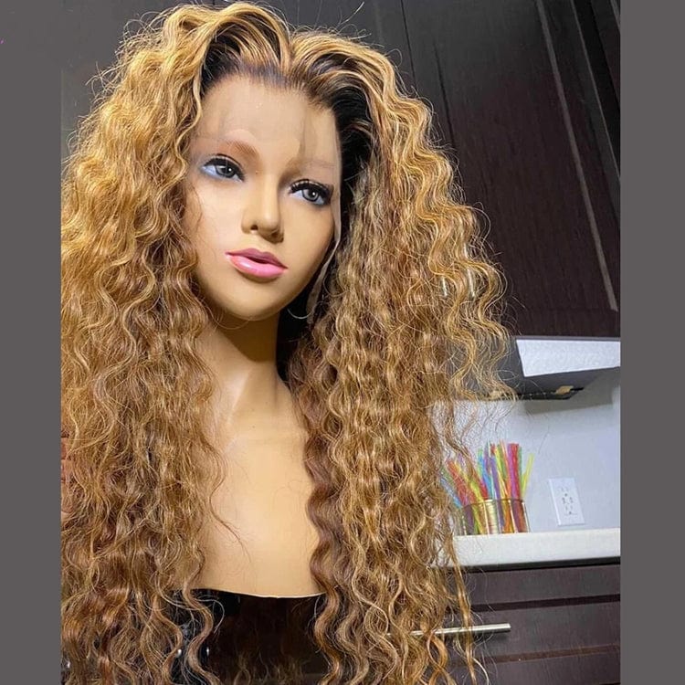 18 Inches / ombre color Full Lace Wig Preplucked Bleached Knots Human Hair Highlight Glueless Honey Brown 100% Human HD Lace Wig