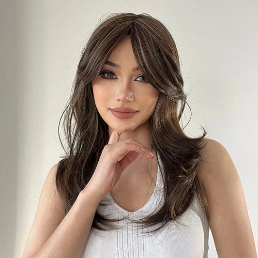 18 Inches / Picture show 18" Brown Cheap Beauty Synthetic Hair Wigs Wholesale Prices Vendor Natural Wave Middle Full Lace Wig With Bangs For Black Women