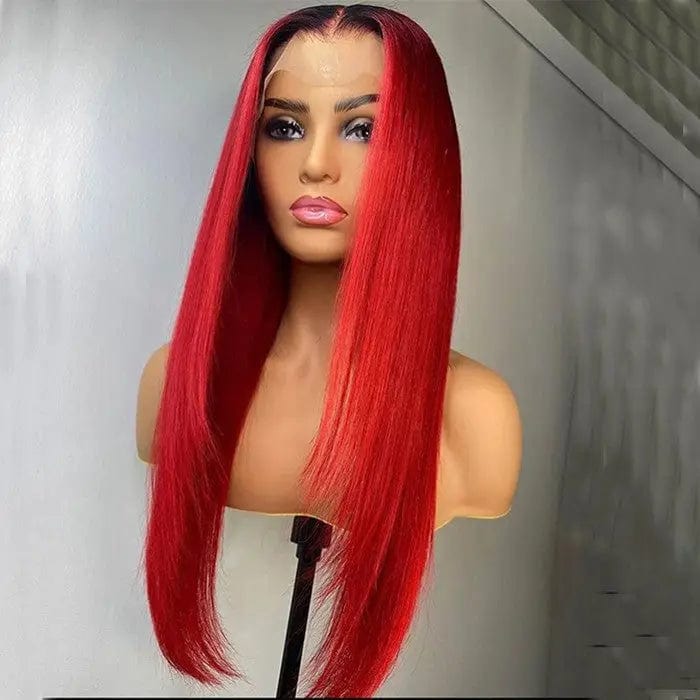 18 Inches / # style1 Bright Red Ombre Color Straight Hair Cuticle Front Wigs