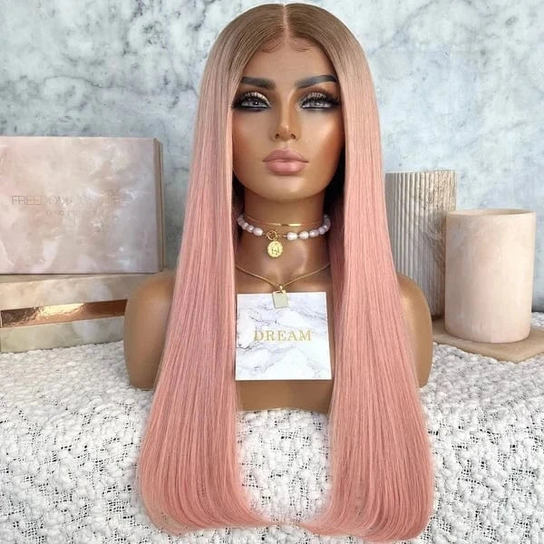 18 Inches / Wig 5 Freedon Unique Pink Red Highlight Medium Density Long Straight Virgin Russian Soft Cuticle Human Hair Swiss Lace Front Wigs