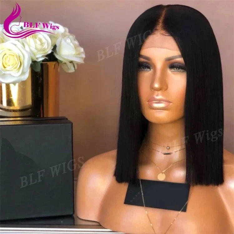 180% density silk straight wave human hair short 12 inches bob lace front wigs for black women