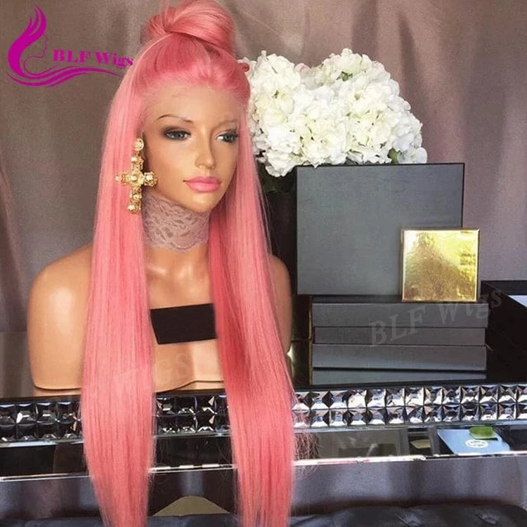 180% Heavy density silk straight cheap ombre pink lace front wig with baby hair