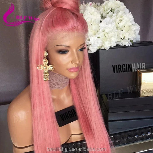 180% Heavy density silk straight cheap ombre pink lace front wig with baby hair
