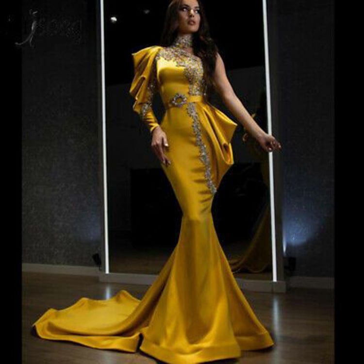 18W / as the picture / Floor Length S4146F 2022 new high-neck single-sleeve heavy hand-drilling speed slim fishtail tail plus size evening dresses elegant