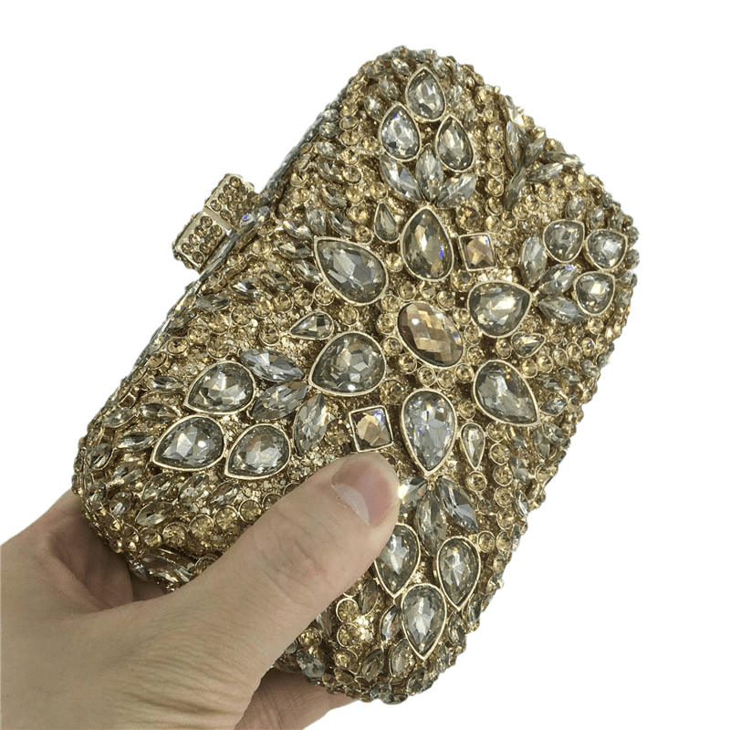 18X10X5CM / Gold Hollow Out Flower Pattern Women Bling Gold Crystal Clutch Evening Handbags and Purses Diamond Wedding Minaudiere Bag For Ladies