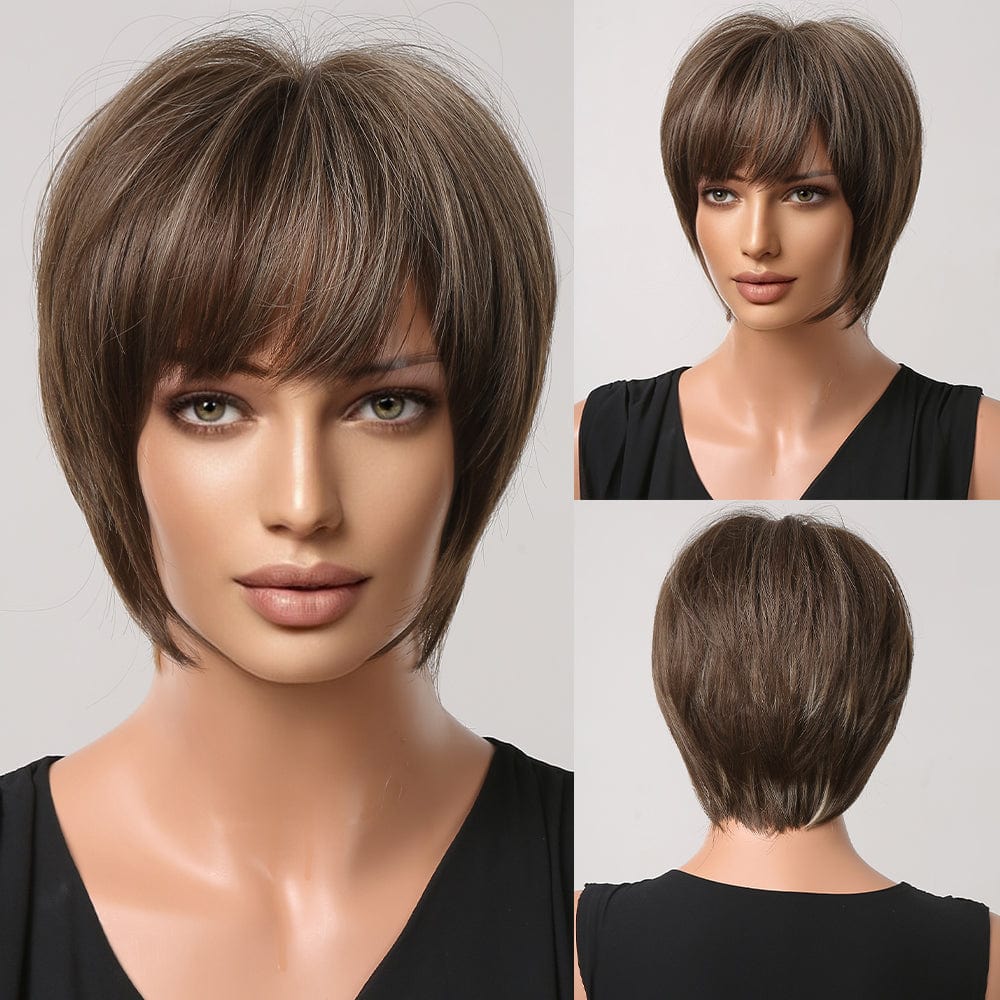 199-1 Factory Outlet Short Pixie Cut Wigs for Women Afro Golden Chocolate Brown Synthetic Hair Wig with Bangs Heat Resistant Wig
