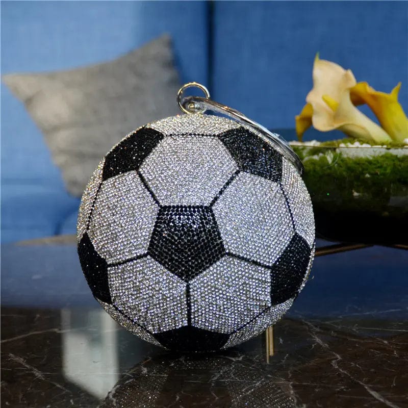 19X19X29CM / Black & White Fashionable Diamond Football Crystal Purse handbag Round Shoulder Bag  Unique Personality Rhinestone Soccer ball Purse for Party