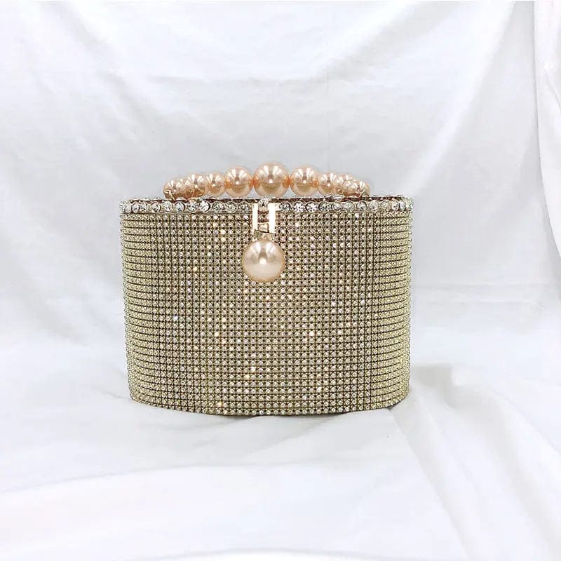 19X9X13CM / Gold Luxury Fashion Shinny Diamonds Evening Clutch Bags Women Pearls Handle Metal Cage Clutch Purse Crystal Tote Bag For Ladies
