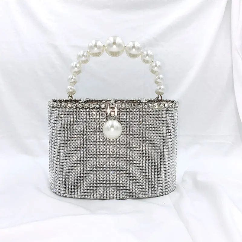 19X9X13CM / Silver Luxury Fashion Shinny Diamonds Evening Clutch Bags Women Pearls Handle Metal Cage Clutch Purse Crystal Tote Bag For Ladies