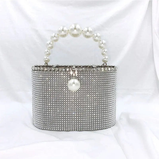 19X9X13CM / Silver Luxury Fashion Shinny Diamonds Evening Clutch Bags Women Pearls Handle Metal Cage Clutch Purse Crystal Tote Bag For Ladies