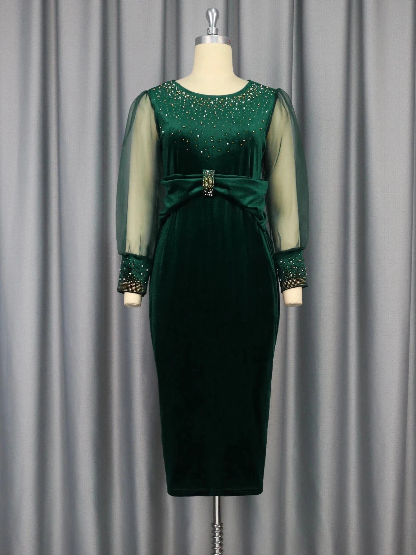 1XL / green Long Mesh Lantern Sleeve Waist Velvet Beading Women Plus Size Dresses