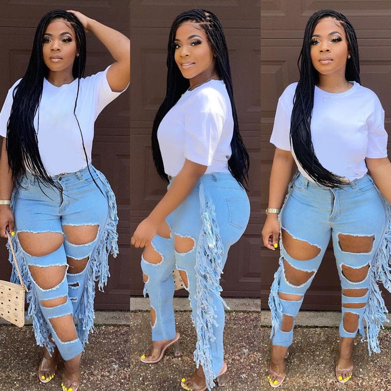 1xl / Light Blue Plus Size Clothing Pierced Tassels Trend Large Breathable Jeans 2022 Womens Jeans Pants