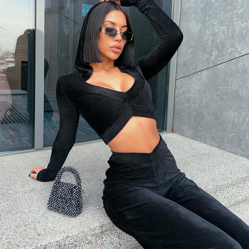 2 piece 11063 Velvet Longh Sleeve Deep V High Waist Crop Top Long Casual Legging Women'S Sets 2022 Winter Wholesale American Clothing