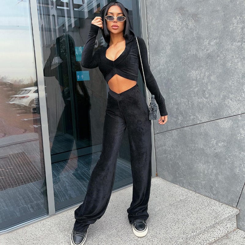 2 piece 11063 Velvet Longh Sleeve Deep V High Waist Crop Top Long Casual Legging Women'S Sets 2022 Winter Wholesale American Clothing