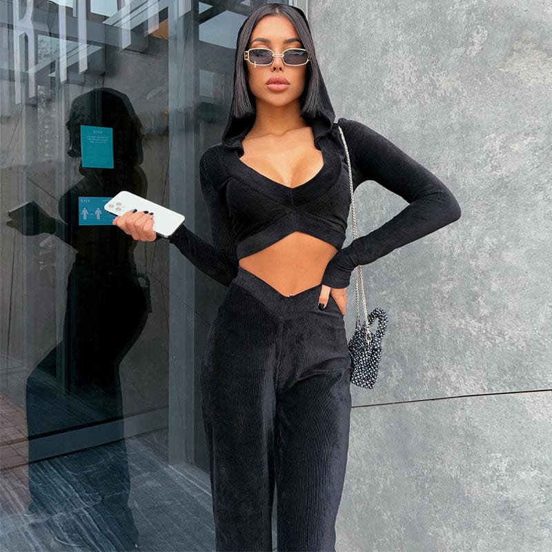2 piece M / black 11063 Velvet Longh Sleeve Deep V High Waist Crop Top Long Casual Legging Women'S Sets 2022 Winter Wholesale American Clothing