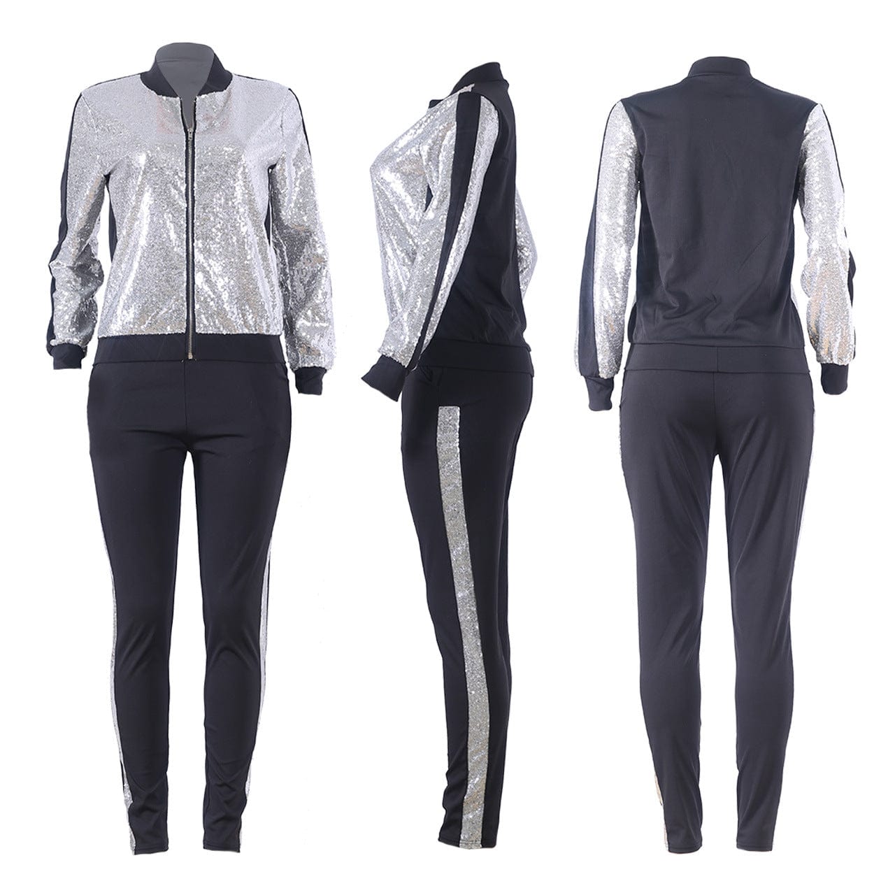 2 Piece Night Clubwear Outfits for Women Long Sleeve Zipper Top and Shiny Stripe Pants Glitter Clubwear