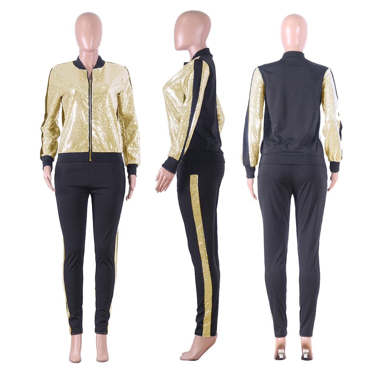 2 Piece Night Clubwear Outfits for Women Long Sleeve Zipper Top and Shiny Stripe Pants Glitter Clubwear