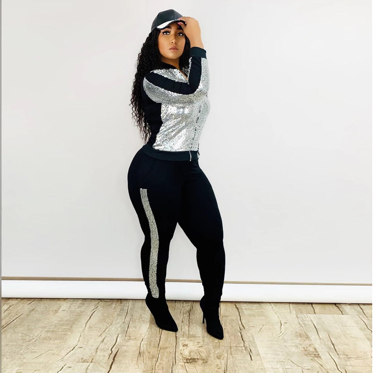 2 Piece Night Clubwear Outfits for Women Long Sleeve Zipper Top and Shiny Stripe Pants Glitter Clubwear