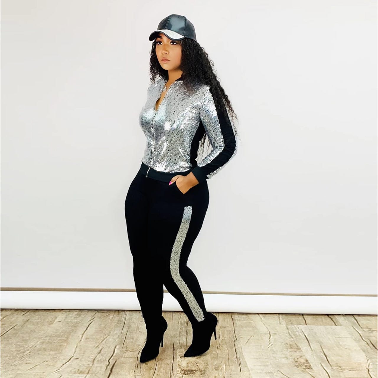 2 Piece Night Clubwear Outfits for Women Long Sleeve Zipper Top and Shiny Stripe Pants Glitter Clubwear