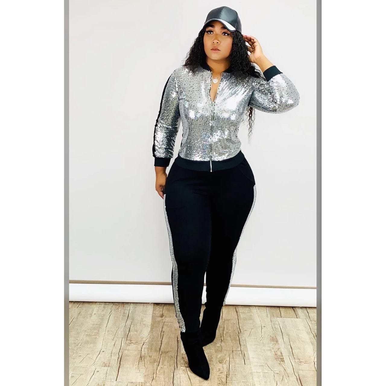 2 Piece Night Clubwear Outfits for Women Long Sleeve Zipper Top and Shiny Stripe Pants Glitter Clubwear