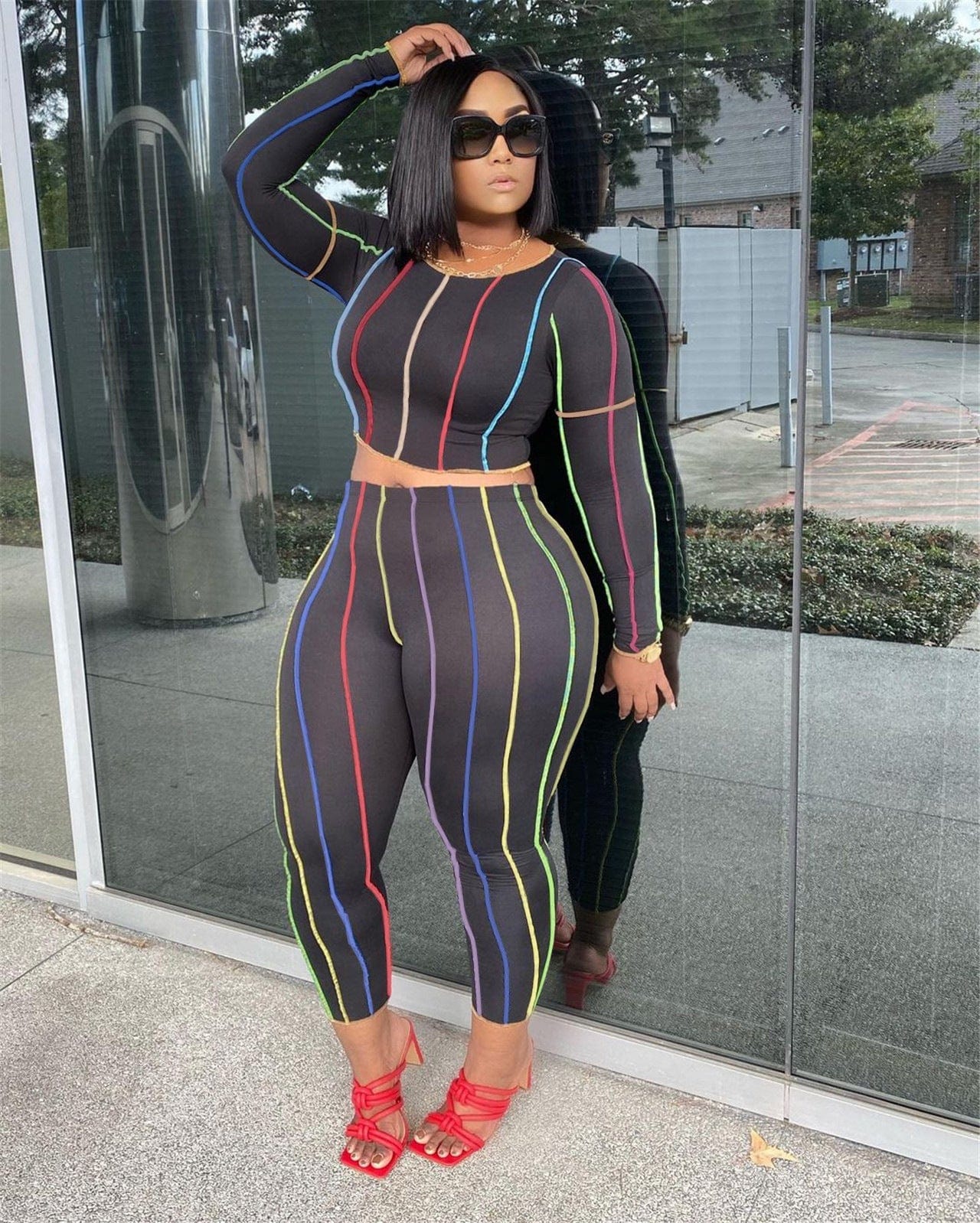 2 Piece Outfits for Women Sexy Bodycon Long Sleeve Crop Tops Stripe Long Pants Sets Print Tracksuits Jumpsuits