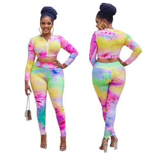 2 piece pants set Fall Winter Full Zip Up Tie Dye Crop Tops Sport Outfits 2 Two Pieces Pants Set Women Clothing Bodycon Ladies Outfits
