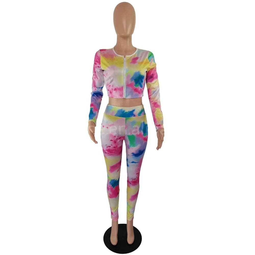 2 piece pants set Fall Winter Full Zip Up Tie Dye Crop Tops Sport Outfits 2 Two Pieces Pants Set Women Clothing Bodycon Ladies Outfits