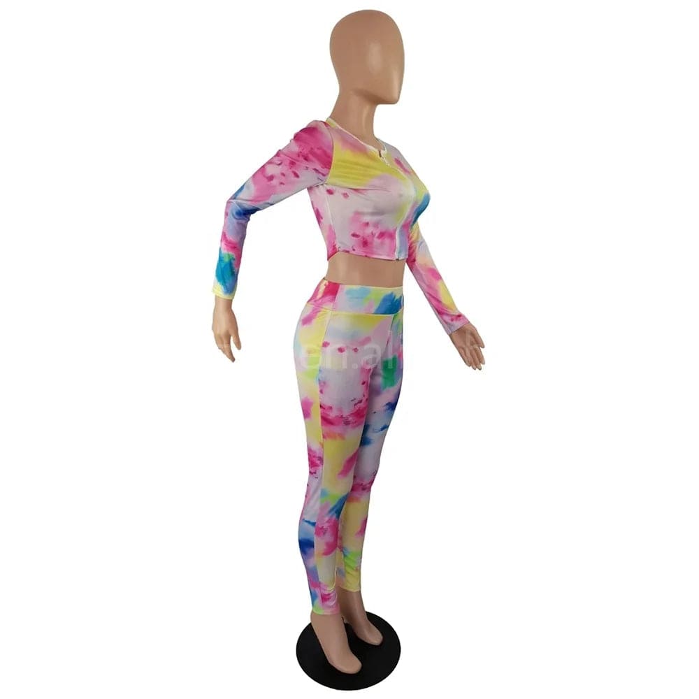 2 piece pants set Fall Winter Full Zip Up Tie Dye Crop Tops Sport Outfits 2 Two Pieces Pants Set Women Clothing Bodycon Ladies Outfits