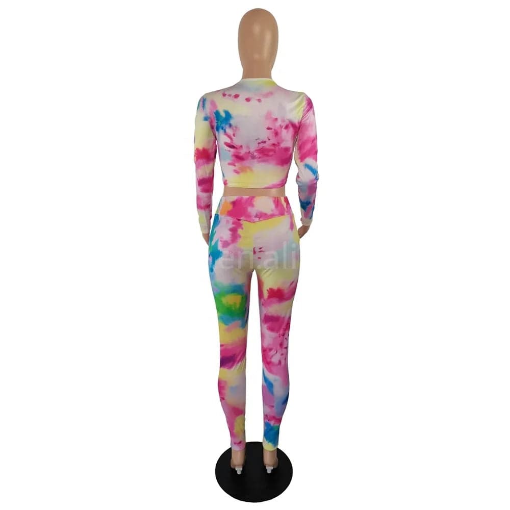 2 piece pants set Fall Winter Full Zip Up Tie Dye Crop Tops Sport Outfits 2 Two Pieces Pants Set Women Clothing Bodycon Ladies Outfits