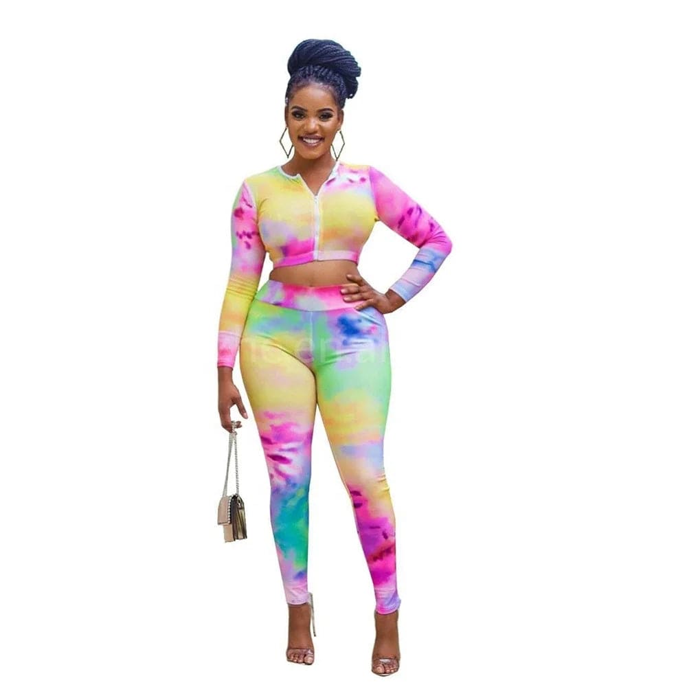 2 piece pants set Fall Winter Full Zip Up Tie Dye Crop Tops Sport Outfits 2 Two Pieces Pants Set Women Clothing Bodycon Ladies Outfits