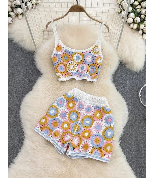 2 Piece Set Hot Selling Handmade Crochet Hollow Out Bikini Beach Mini Top With Shorts Swimsuit Sets