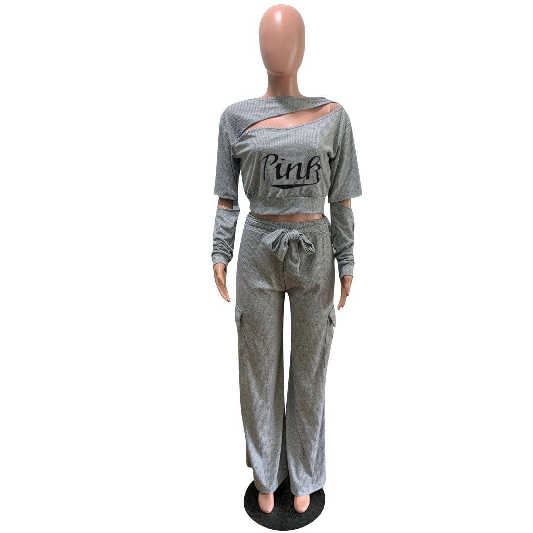 2 Piece Set Women Modest Casual Fall 2pcs Women Pit Cloth Hollow Long Slit Sleeve Belted Pants Set