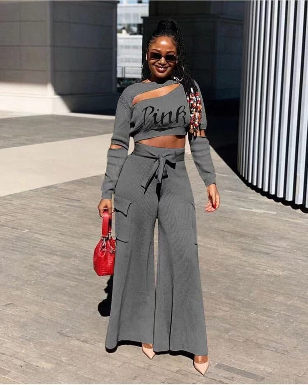 2 Piece Set Women Modest Casual Fall 2pcs Women Pit Cloth Hollow Long Slit Sleeve Belted Pants Set