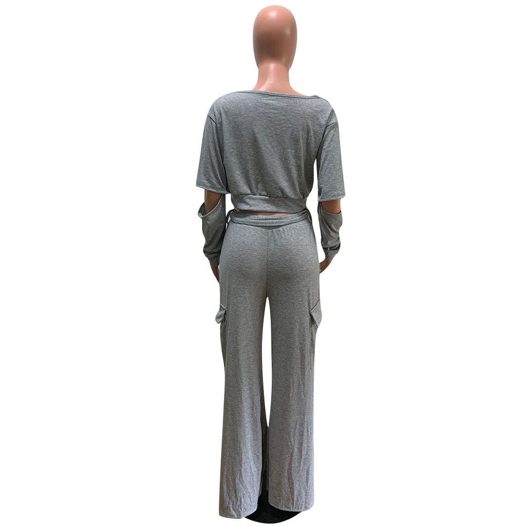 2 Piece Set Women Modest Casual Fall 2pcs Women Pit Cloth Hollow Long Slit Sleeve Belted Pants Set
