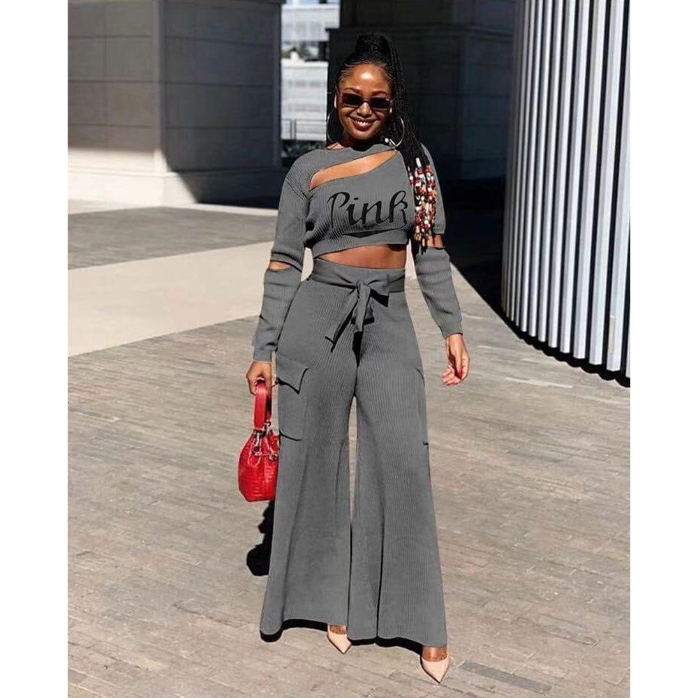 2 Piece Set Women Modest Casual Fall 2pcs Women Pit Cloth Hollow Long Slit Sleeve Belted Pants Set