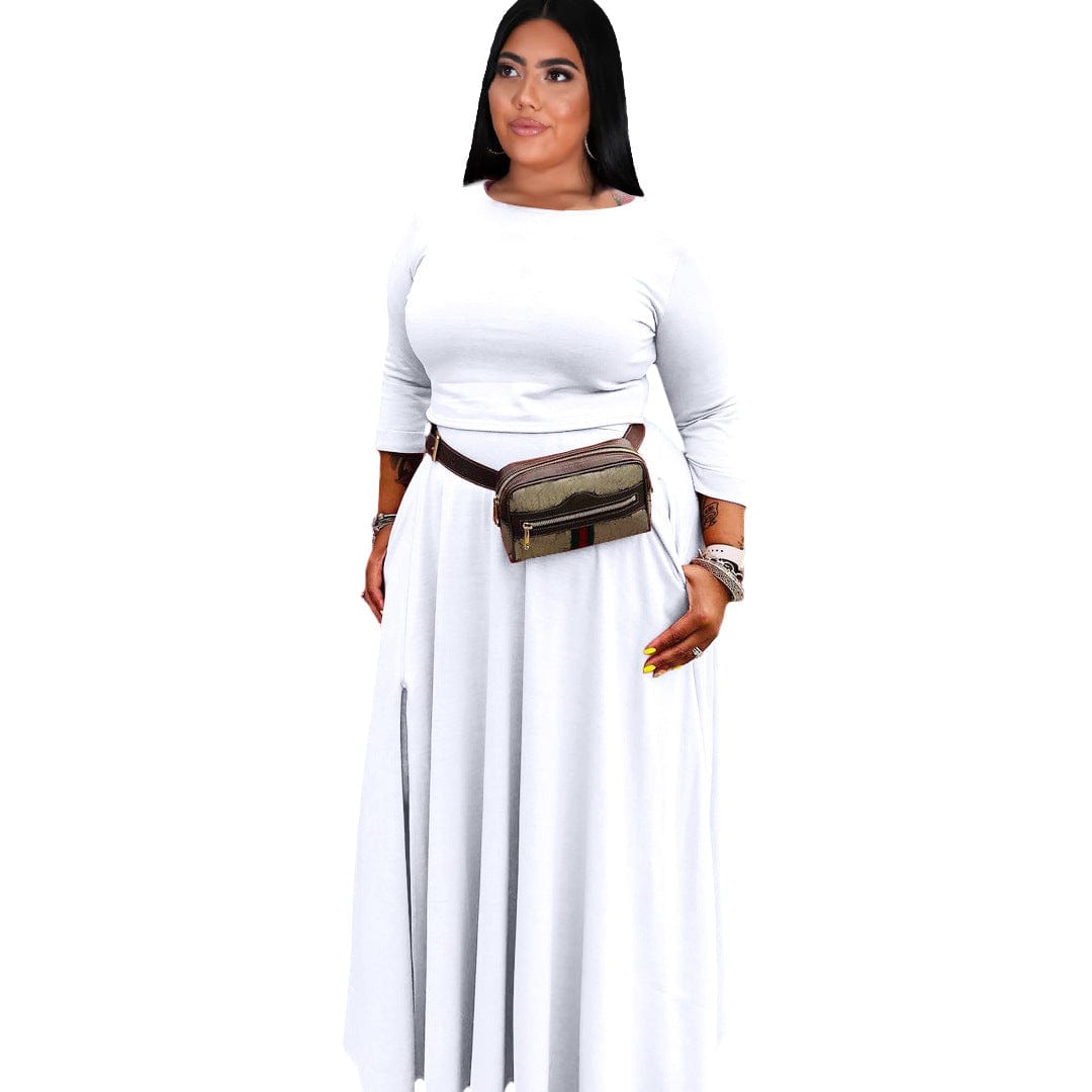2 Piece Sets Women Plus Size Fashion Casual Solid Basic O Neck Plus Size Two Pieces Skirts Set