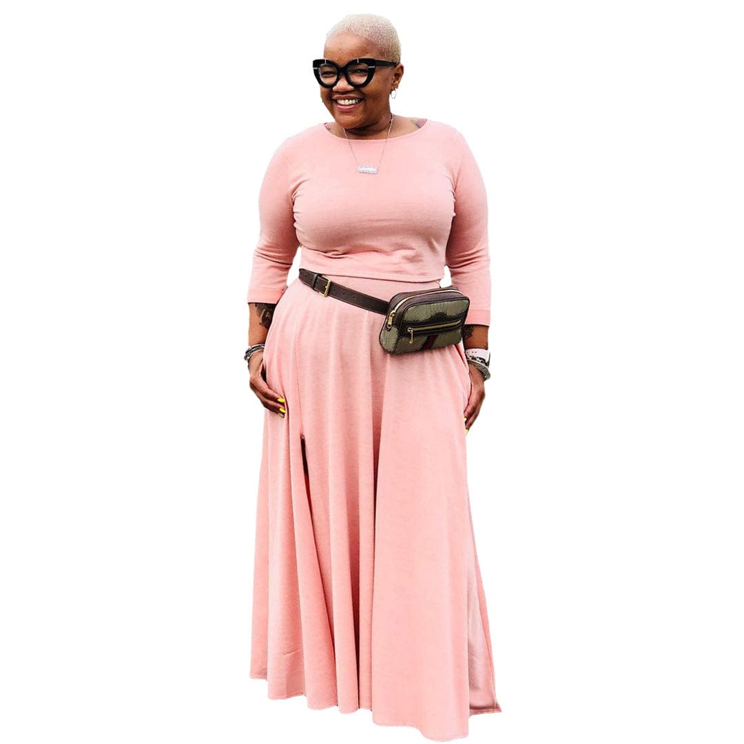 2 Piece Sets Women Plus Size Fashion Casual Solid Basic O Neck Plus Size Two Pieces Skirts Set