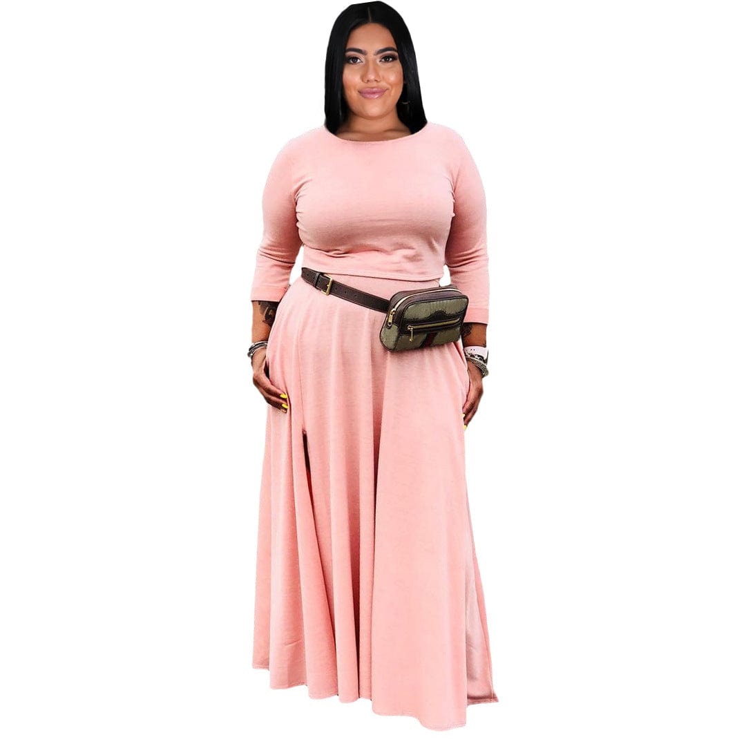 2 Piece Sets Women Plus Size Fashion Casual Solid Basic O Neck Plus Size Two Pieces Skirts Set