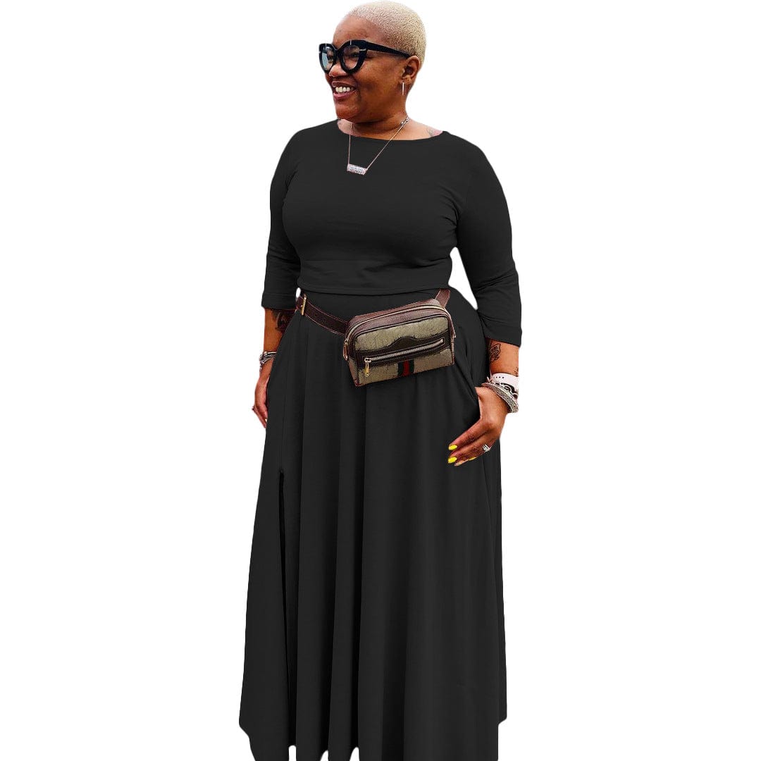 2 Piece Sets Women Plus Size Fashion Casual Solid Basic O Neck Plus Size Two Pieces Skirts Set