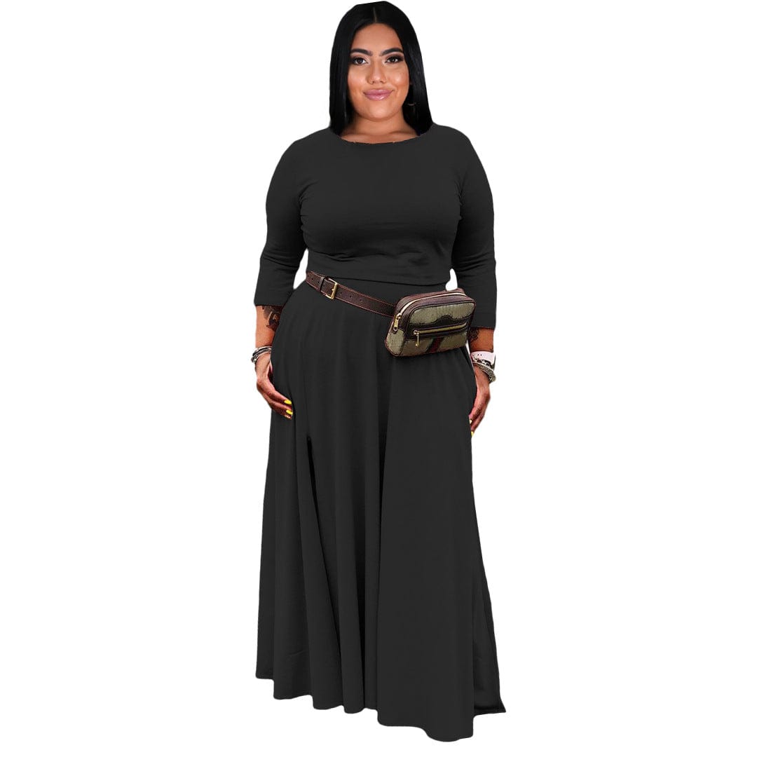 2 Piece Sets Women Plus Size Fashion Casual Solid Basic O Neck Plus Size Two Pieces Skirts Set