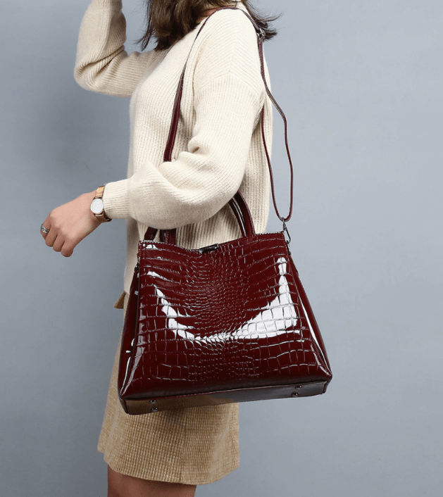 2 pieces set in stock wholesale pu leather handbags ladies black Crocodile handbag set for women