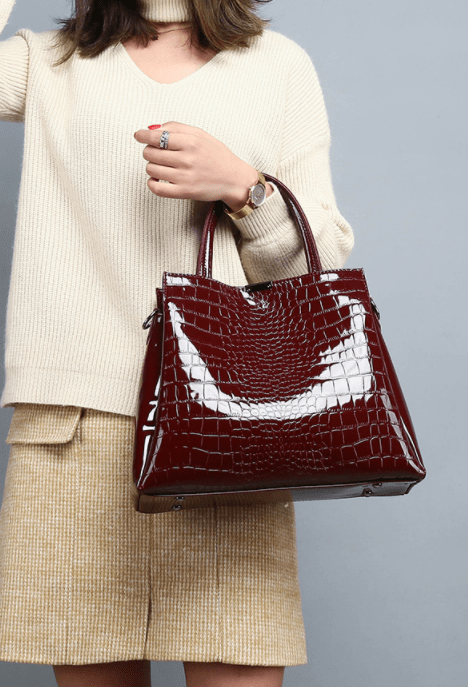 2 pieces set in stock wholesale pu leather handbags ladies black Crocodile handbag set for women