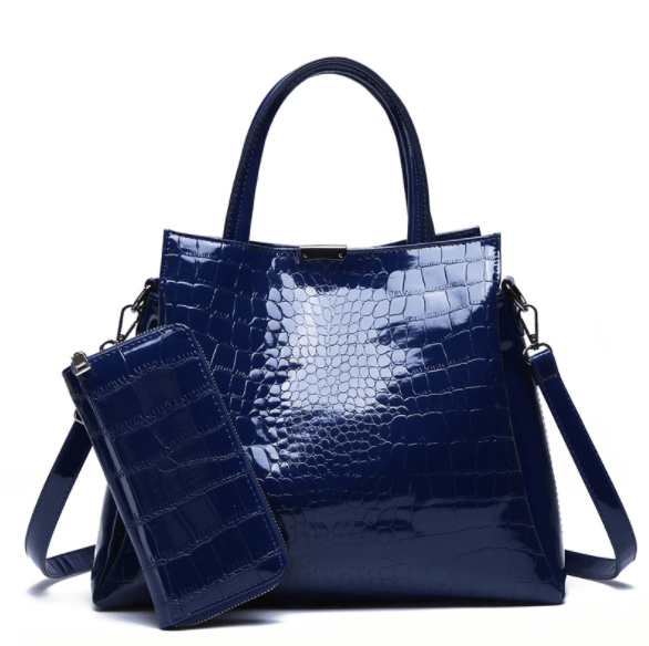 2 pieces set in stock wholesale pu leather handbags ladies black Crocodile handbag set for women