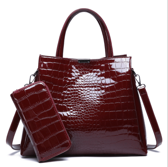 2 pieces set in stock wholesale pu leather handbags ladies black Crocodile handbag set for women