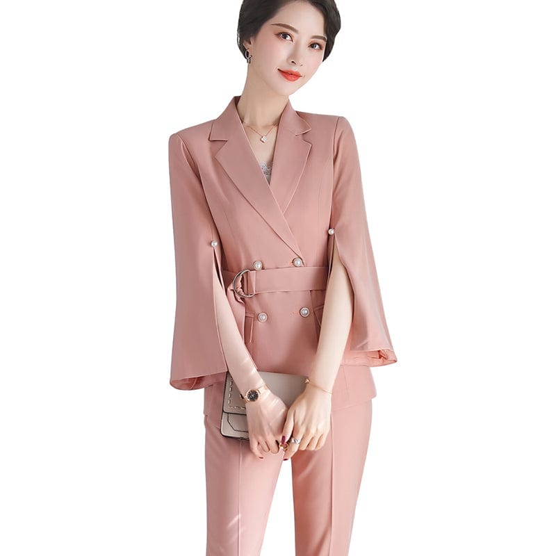 2 Pieces Set Women Split flared sleeves Pant Suit Office Lady Formal Female Soft Double Breasted Blazer with Pant