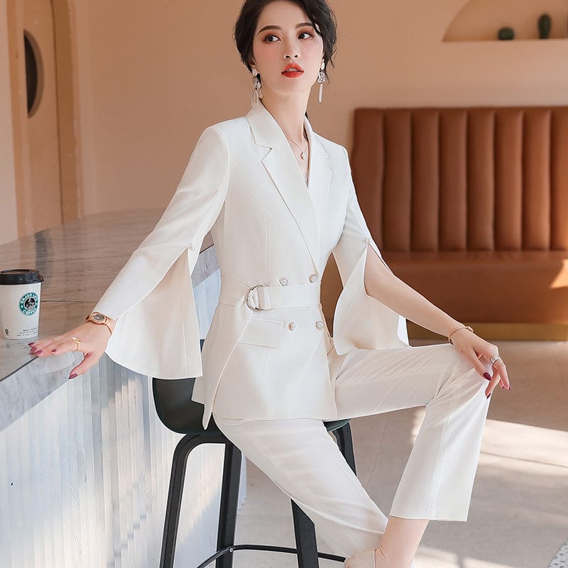 2 Pieces Set Women Split flared sleeves Pant Suit Office Lady Formal Female Soft Double Breasted Blazer with Pant