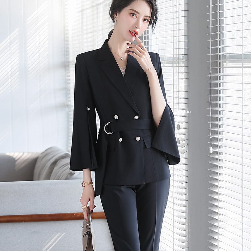 2 Pieces Set Women Split flared sleeves Pant Suit Office Lady Formal Female Soft Double Breasted Blazer with Pant