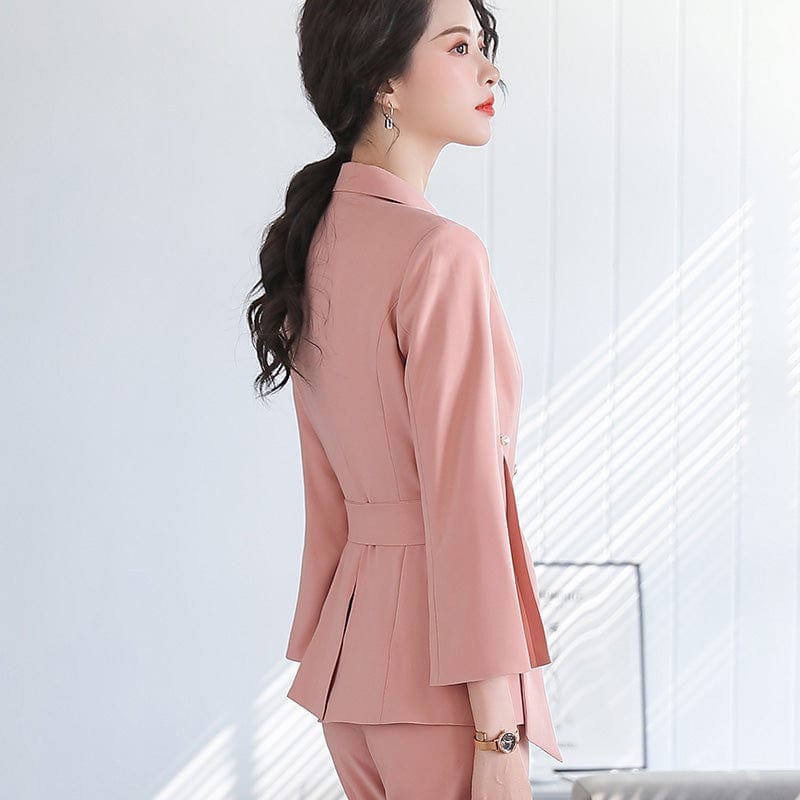 2 Pieces Set Women Split flared sleeves Pant Suit Office Lady Formal Female Soft Double Breasted Blazer with Pant