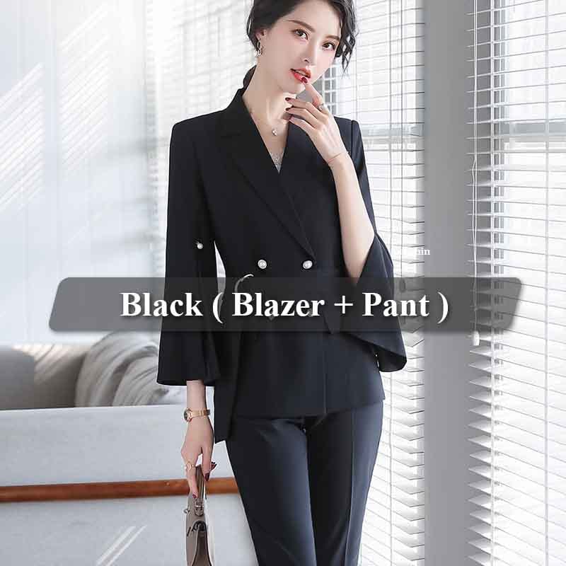 2 Pieces Set Women Split flared sleeves Pant Suit Office Lady Formal Female Soft Double Breasted Blazer with Pant